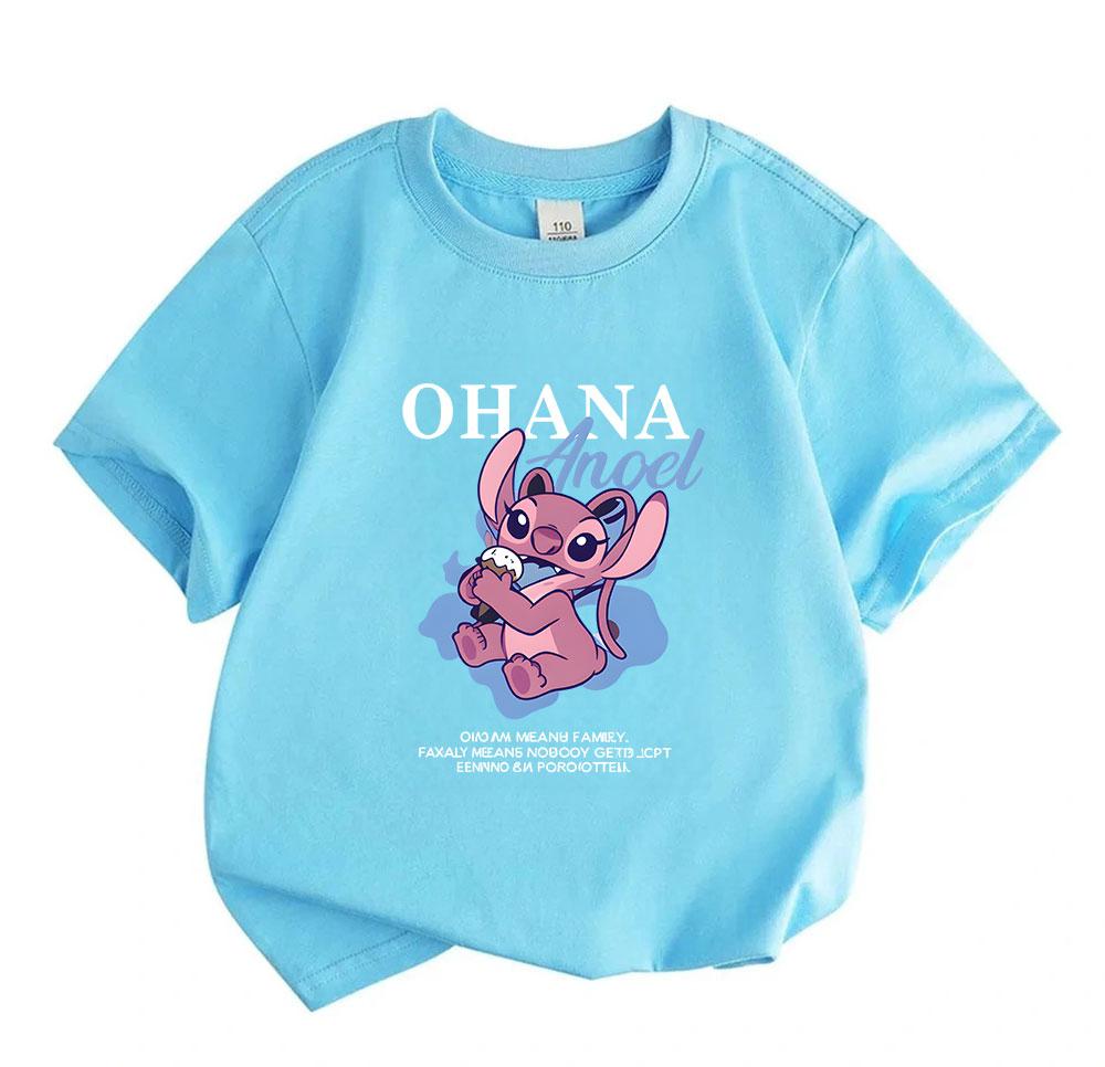 Kids Boys Girls 100% Cotton O-neck Short Sleeve T-shirt, Cute Pink Alien Character Ohana Print Casual Soft Tee for Daily Wear Summer Comfortable Tops