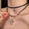 Punk Multi-Layer Cross Necklace Spicy Girl Vintage Beaded Long Cross Pendant Hip-pop Personalized Chain Long Necklace