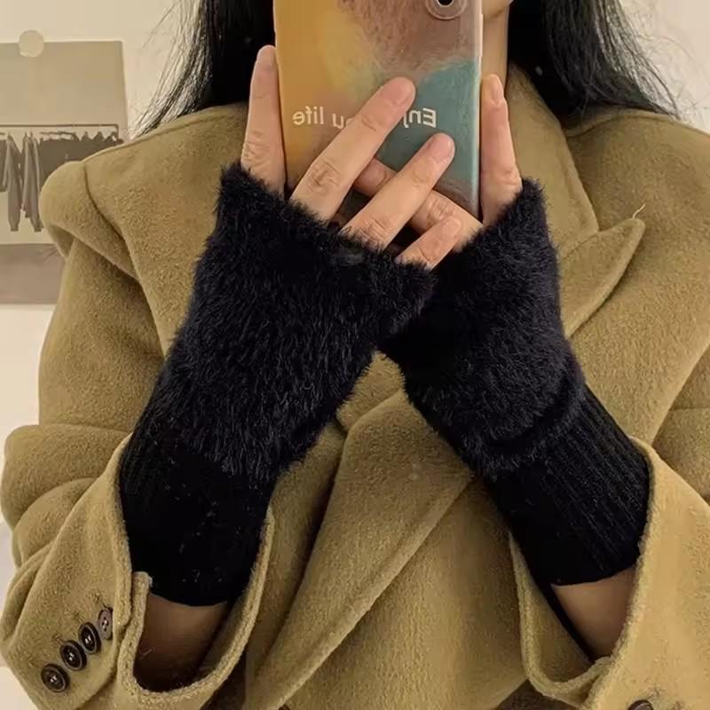 Winter Warm Imitation Mink Fur Gloves Women Half Finger Long Wrist Protection Soft Gloves Daily Office Writing Cold Resistant