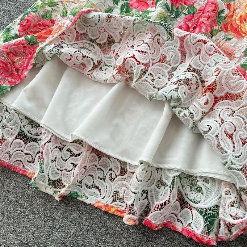 High-end Women's Dress with A Retro Stand-up Collar Buttoned-up Slimming and Hollowed-out Crochet Pattern