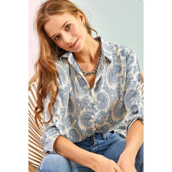 Women's Multi Leaf Patterned Folded Sleeve Viscose Shirt