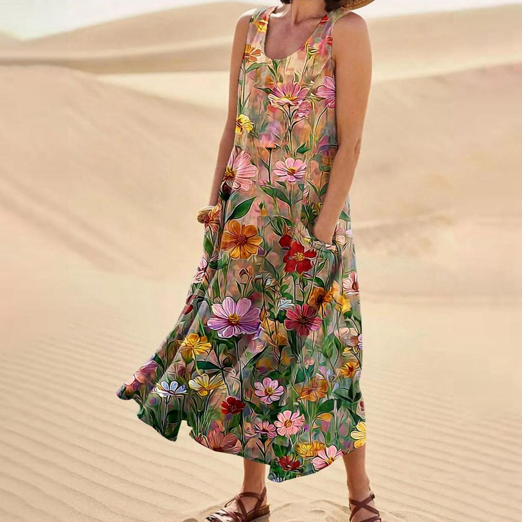 Women's Casual Fashion Flower Printed Sleeveless Pocket Dress