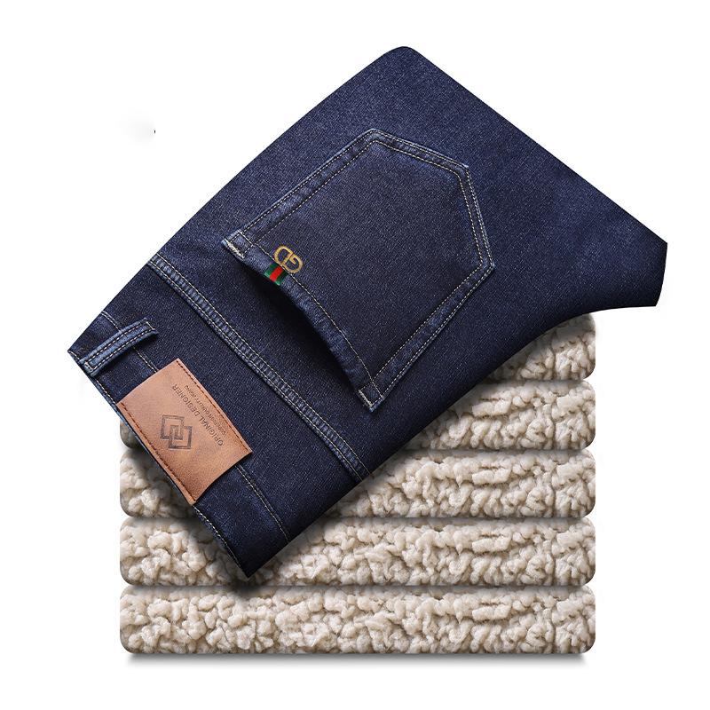 Fleece elastic jeans loose straight autumn and winter thick medium and green casual large size long pants