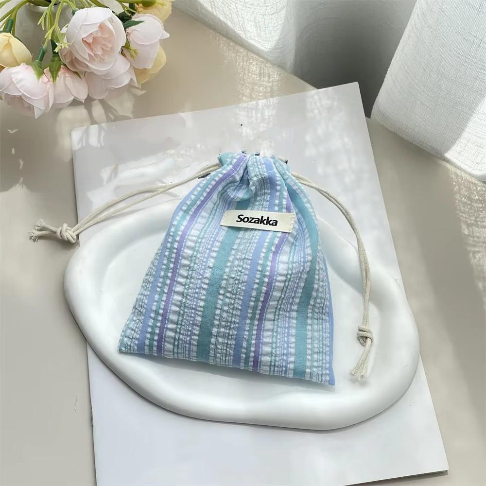 Cute Striped Polyester Drawstring Pouch Travel Makeup Organizer Bag for Cosmetic Lipstick Key Credit Card Holder Case Coin Purse
