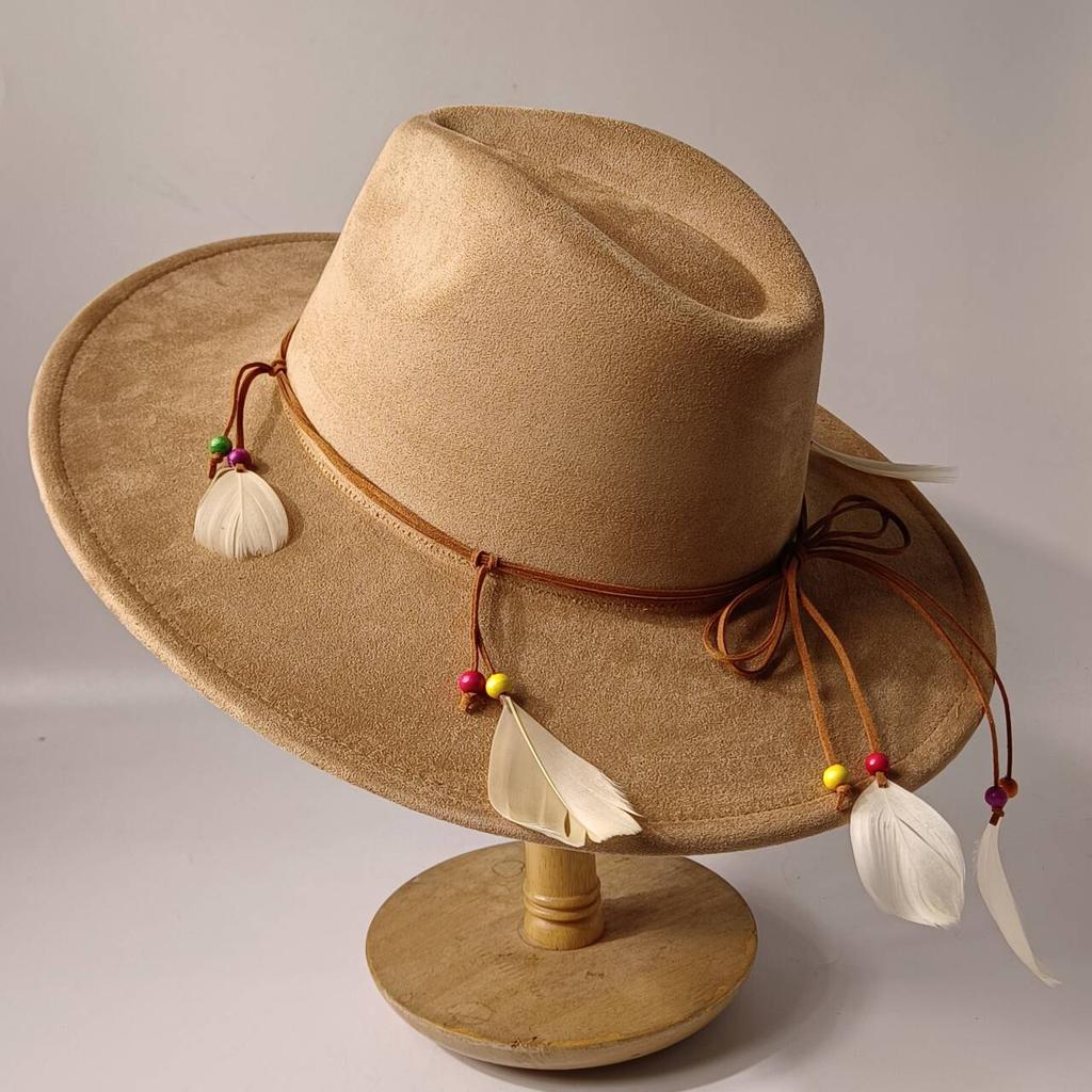 2026Bohemian style suede hat, brim 9.5 cm fedora with feather accessories, classic church hat, wide brim hat, women's hat