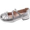 Round Head Bow Silver Small Leather Shoes Women's 2025 Summer New French with Skirt Mary Jane Shoes Thick Heel Single Shoes