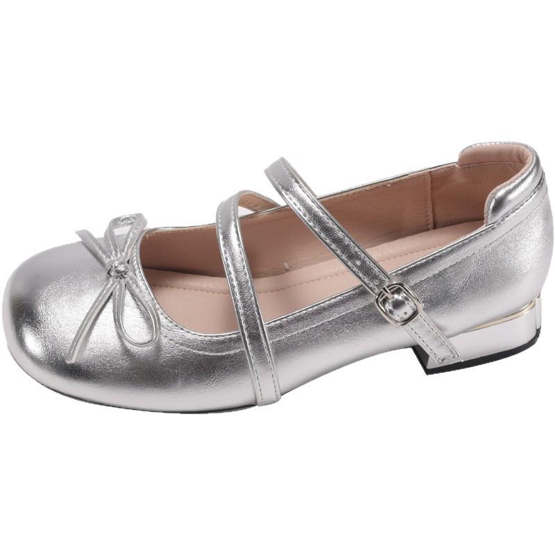 Round Head Bow Silver Small Leather Shoes Women's 2025 Summer New French with Skirt Mary Jane Shoes Thick Heel Single Shoes
