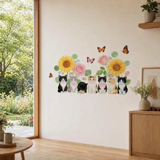 Cat Flowers Peel And Stick Wall Stickers, Removable Wall Art Decor, Watercolor Vinyl Decals for Kids Bedroom Nursery Living Room