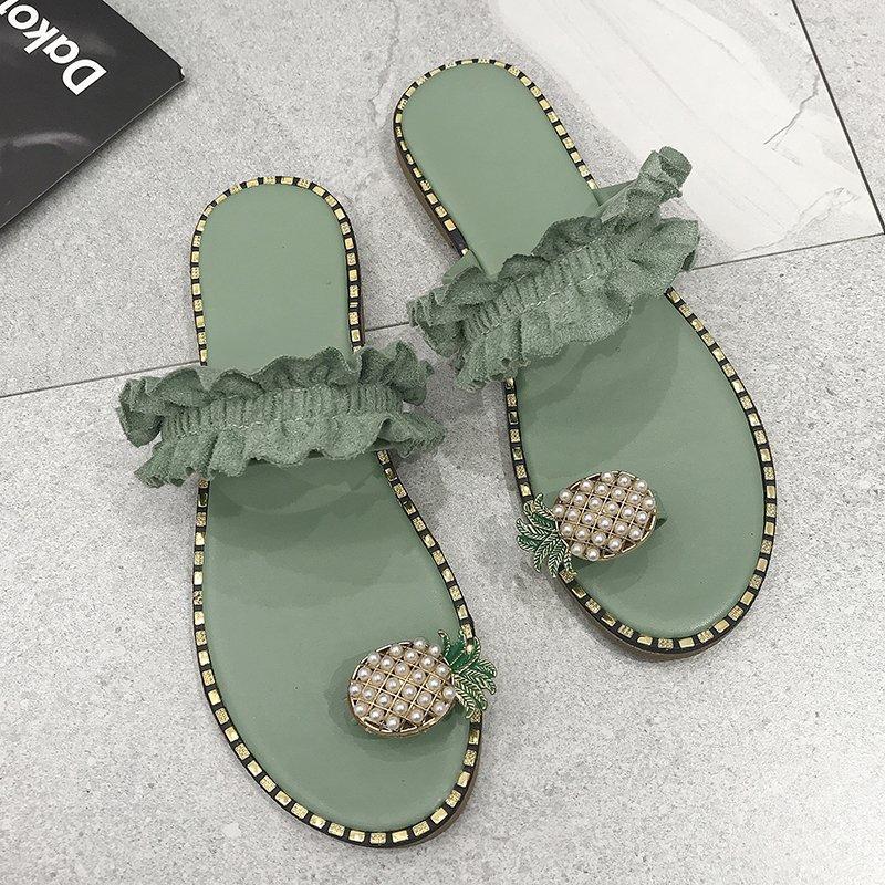 Fashion Women Slipper Pineapple Pearl Flat Toe Bohemian Summer Beach Sandals Ladies Shoes plus size