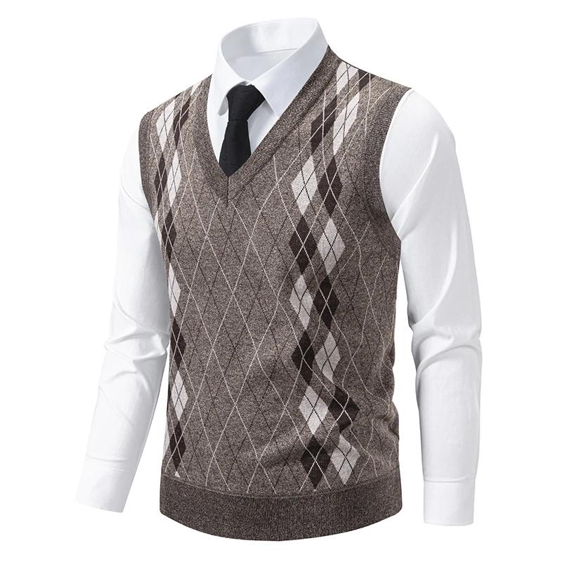 Men's Knitted Warm Sweater In Autumn and Winter V-neck Vest Diamond Grid Twisted Flower Casual Fashion Versatile Top