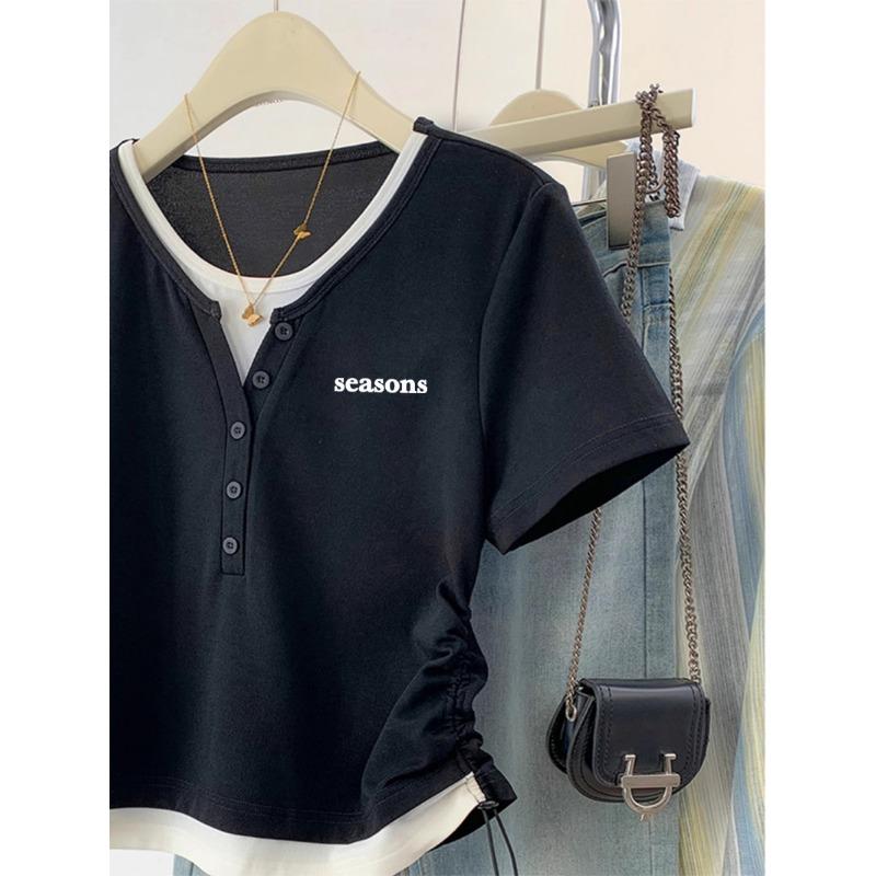 Dámské letní módní designové výklenkové falešné dvoudílné štíhlé topy s krátkým rukávem a stahovací šňůrkou