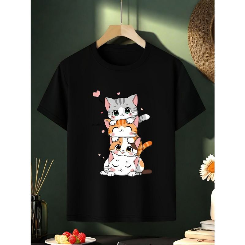 European sizes Cute Cartoon Cat Pattern T-Shirt - Soft And Comfortable, Featuring Three Cartoon Cats, Perfect for Summer Casual Wear,