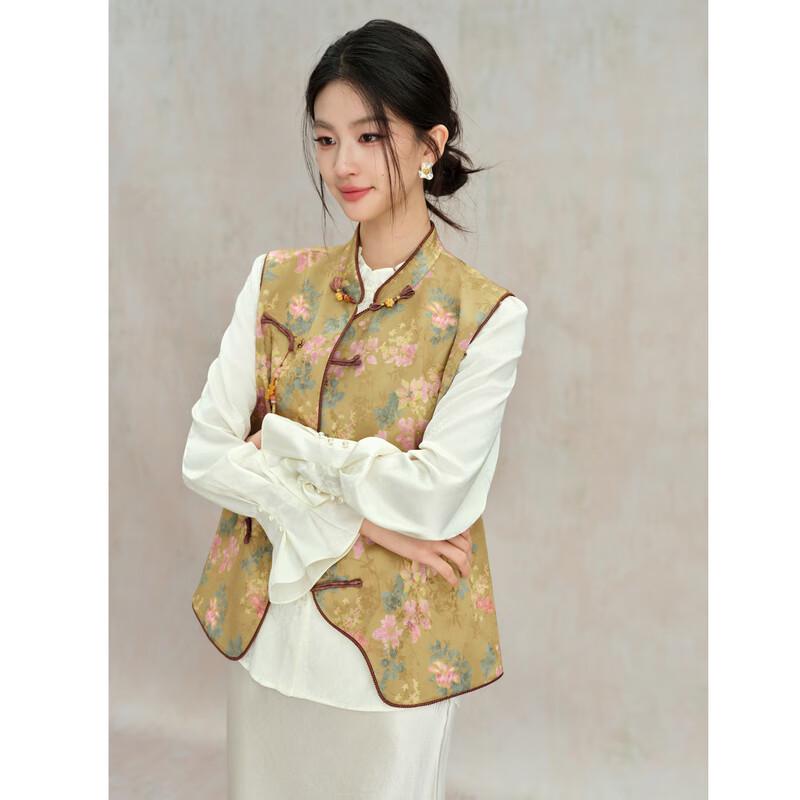 

Qiu Shui Yi Ren Женский жилет в китайском стиле с цветочным принтом, воротником-стойкой и застежкой на пуговицы-пан M