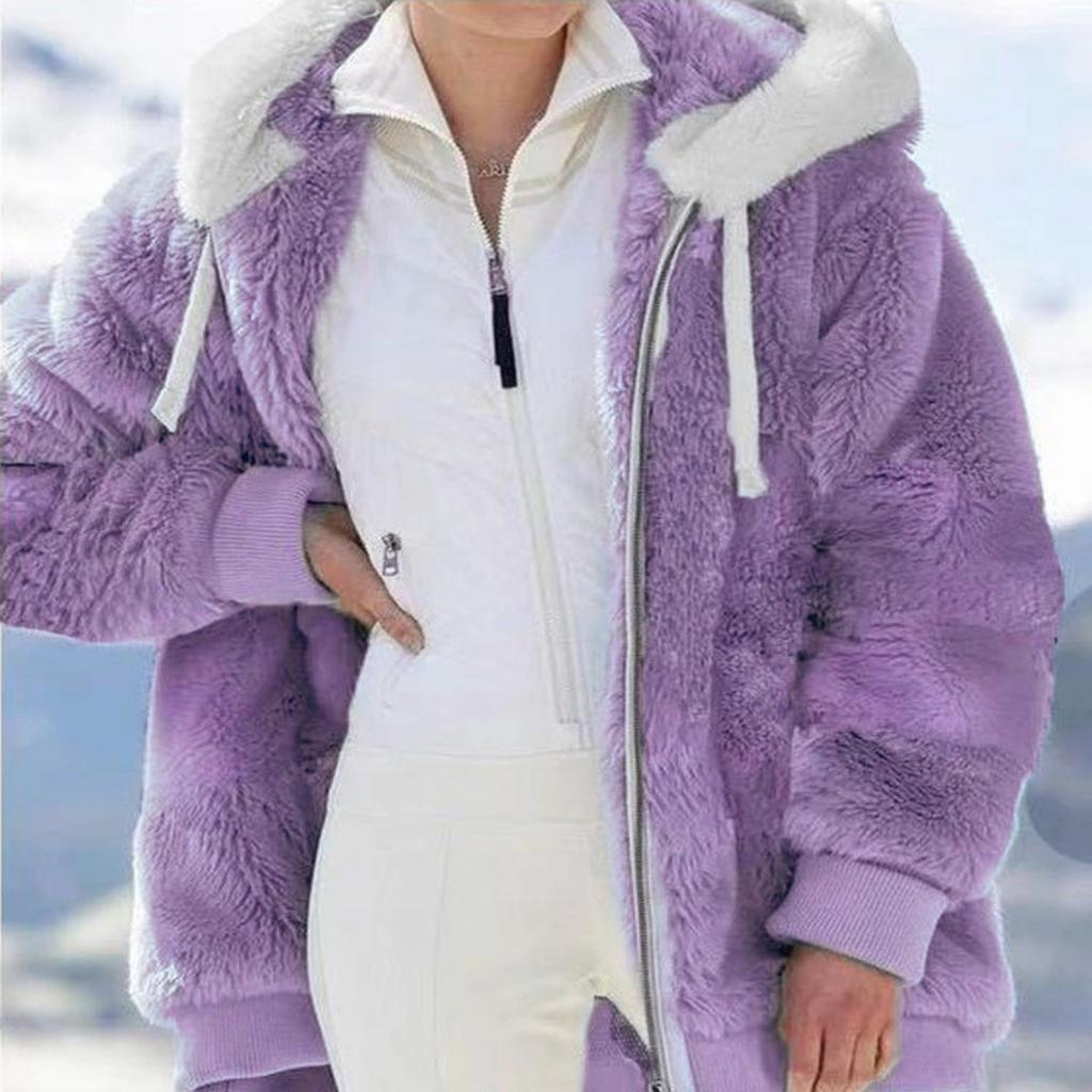 Bunda z umelej kožušiny veľkej veľkosti s jednoduchou kapucňou a veľkým farebným blokom - Dámske oblečenie plus size na jeseň a zimu, bunda s dlhým rukávom