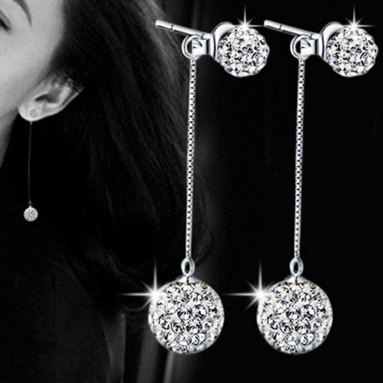 Luxury Full Rhinestone Inlaid Tassel Round Ball Long Dangle Women Stud Earrings