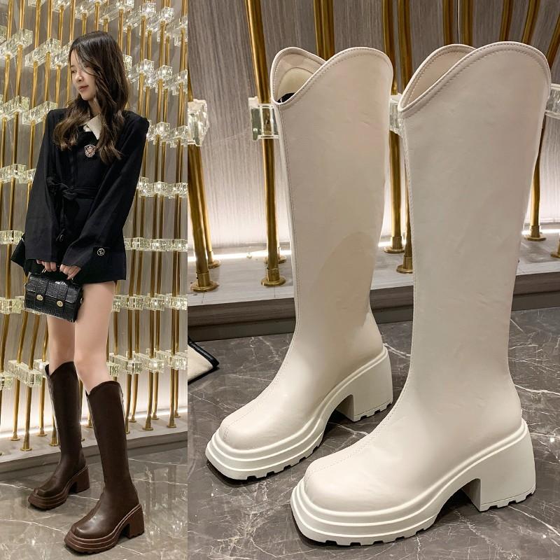 Thick-soled boots women's 2025 autumn and winter new British style but knee V-mouth knight boots heightened round head boots