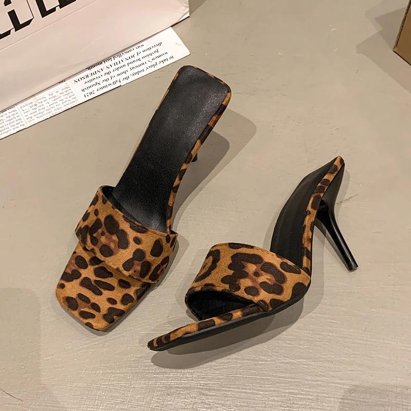 Women's Leopard Print Slippers 2025 Summer New Peep Toe Thin High Heels Slippers Square Toe Sandals Women Sexy Party Shoes Woman