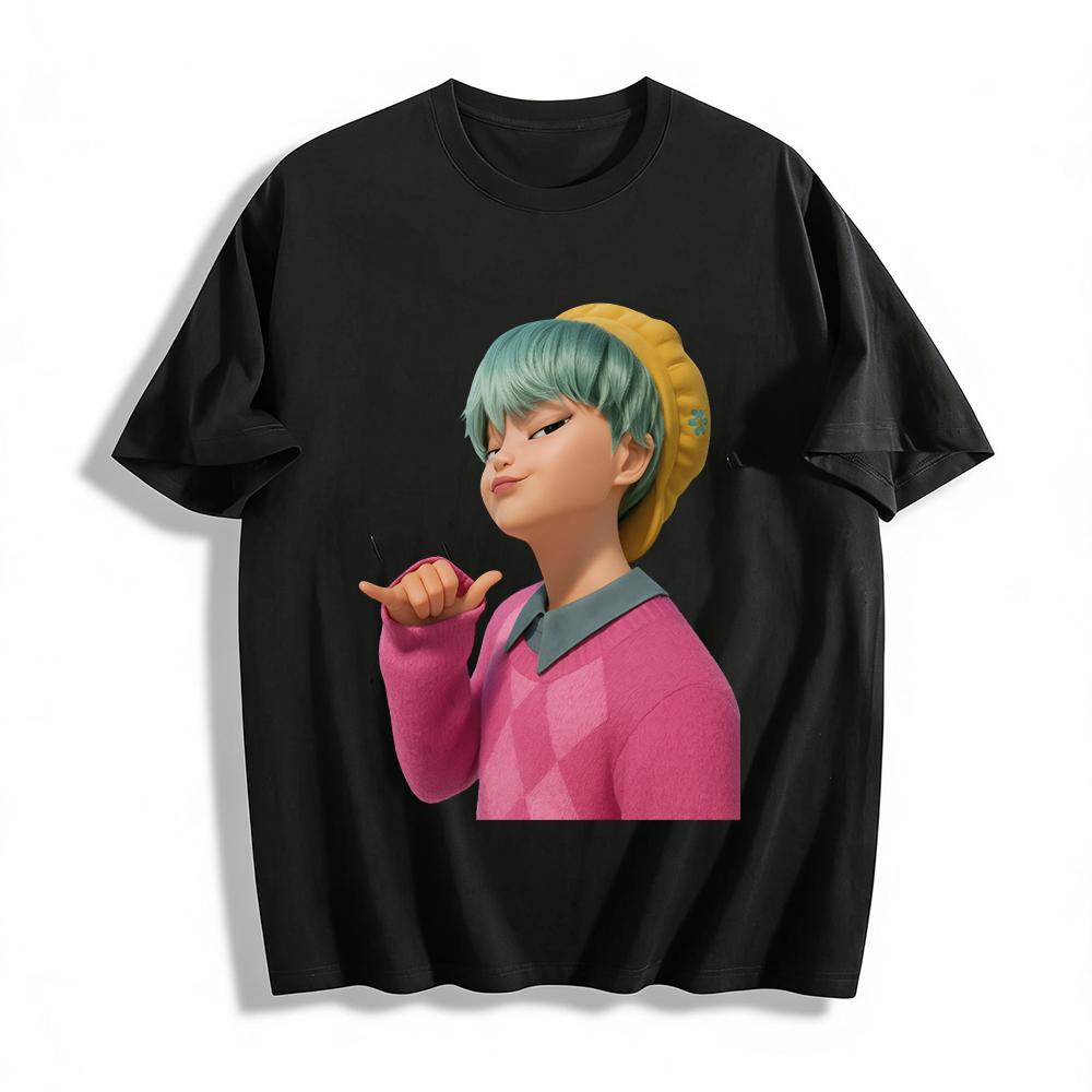 

Trendy Cartoon Character Print Top Casual Loose Color Block Collar Argyle Pullover Knitwear Pure cotton T-shirt XXS