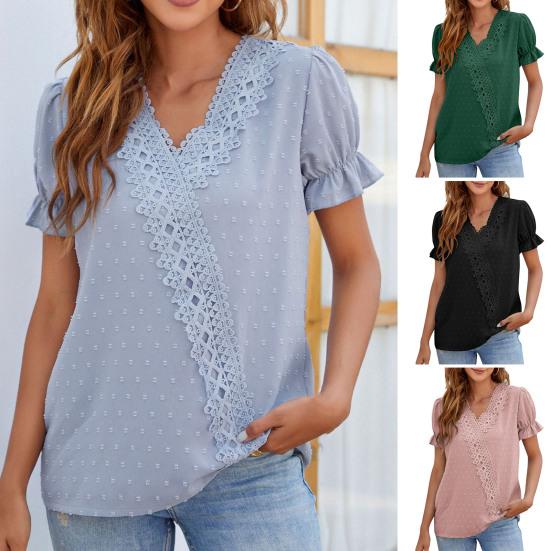 

Шифоновая блузка с v-образным вырезом и короткими рукавами, повседневная блузка с жаккардовым декором и кружевной отделкой