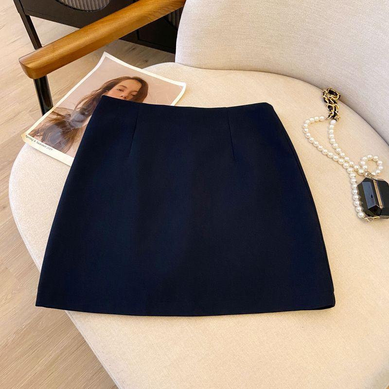 

Korean Style High Waist A- line Spring/Summer Solid Color Suit Skirt Navy blue summer style L(Recommend (107-115))
