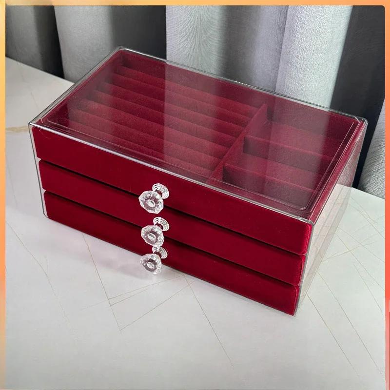 Wine Red Flannelette Jewelry Storage Box Earrings Storage Box Jewelry Dust Drawer Jewelry Box Makeup Desk Collection