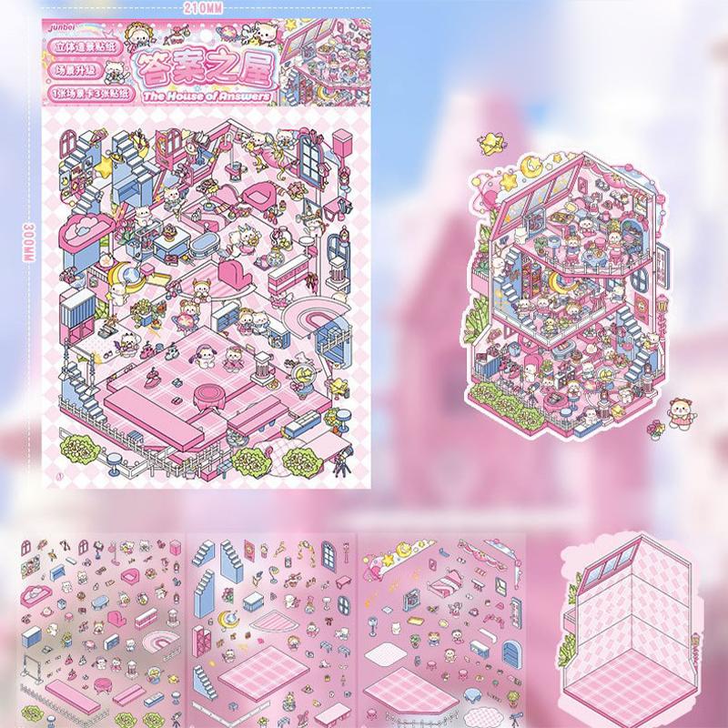 3D Large Space Cartoon Animal DIY Miniature Hut Landscape Stickers Child Stickers Cute Colorful Cabin Handmade Stickers Kid Gift