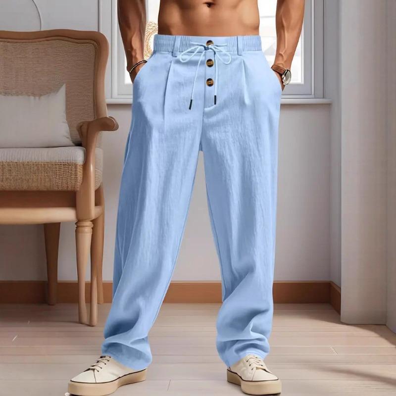 Men Linen Blend Drawstring Waist Wide Leg Pants Casual Beach Trousers With Pockets