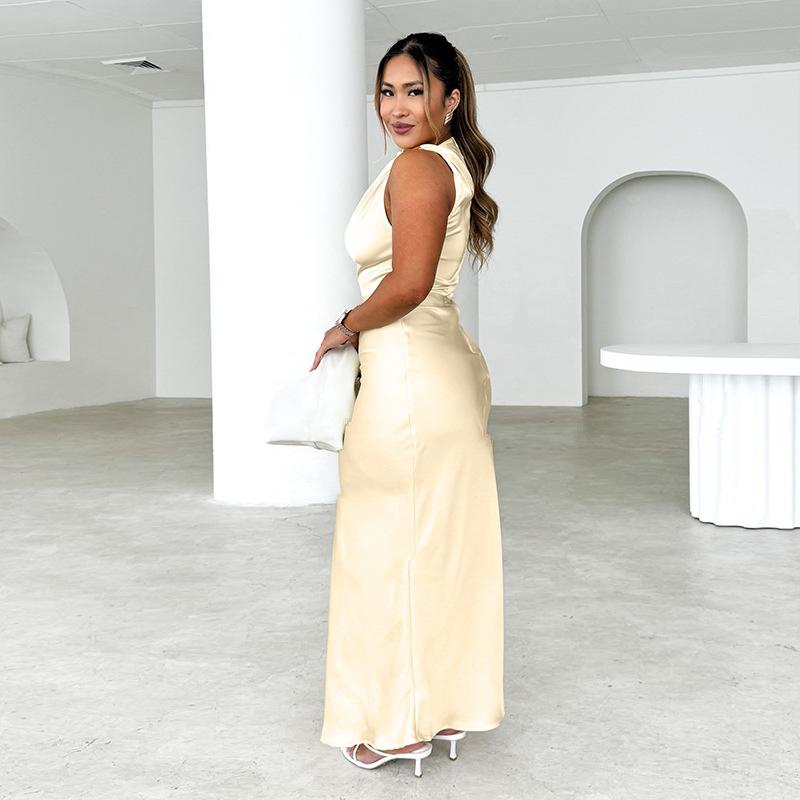 Summer New Design Temperament Sexy Slim Slanted Shoulder Fishtail Satin Dress Women
