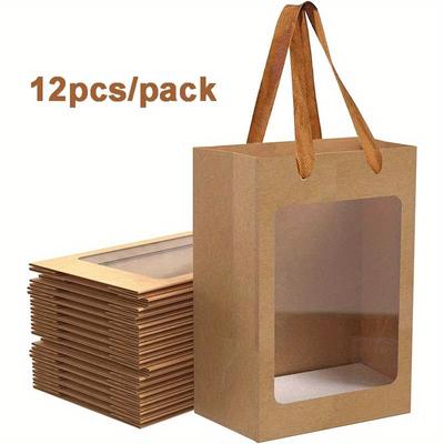 12 Pcs Brown Paper Gift Bags with Transparent Window 10x7x5Inch Kraft Shopping Bags with Handles for Present Festivals Party