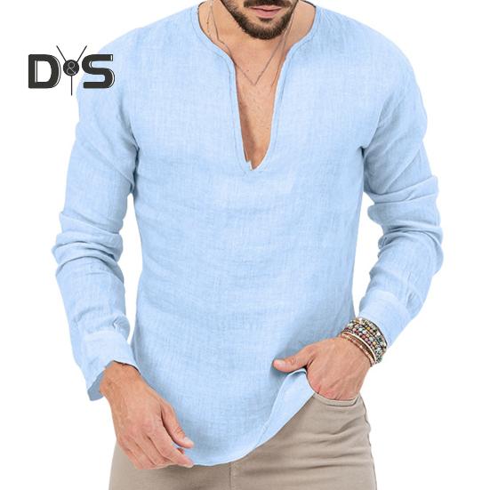 

Мужской осенний топ с глубоким V-образным вырезом и длинным рукавом, однотонный простой стиль, винтажная мягкая дышащая футболка средней длины для мужчин, осень-весна XL светло-синий