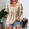 Hot-selling Square Collar Solid Color Pleated Short-sleeved Lace Casual T-shirt Large Size Women