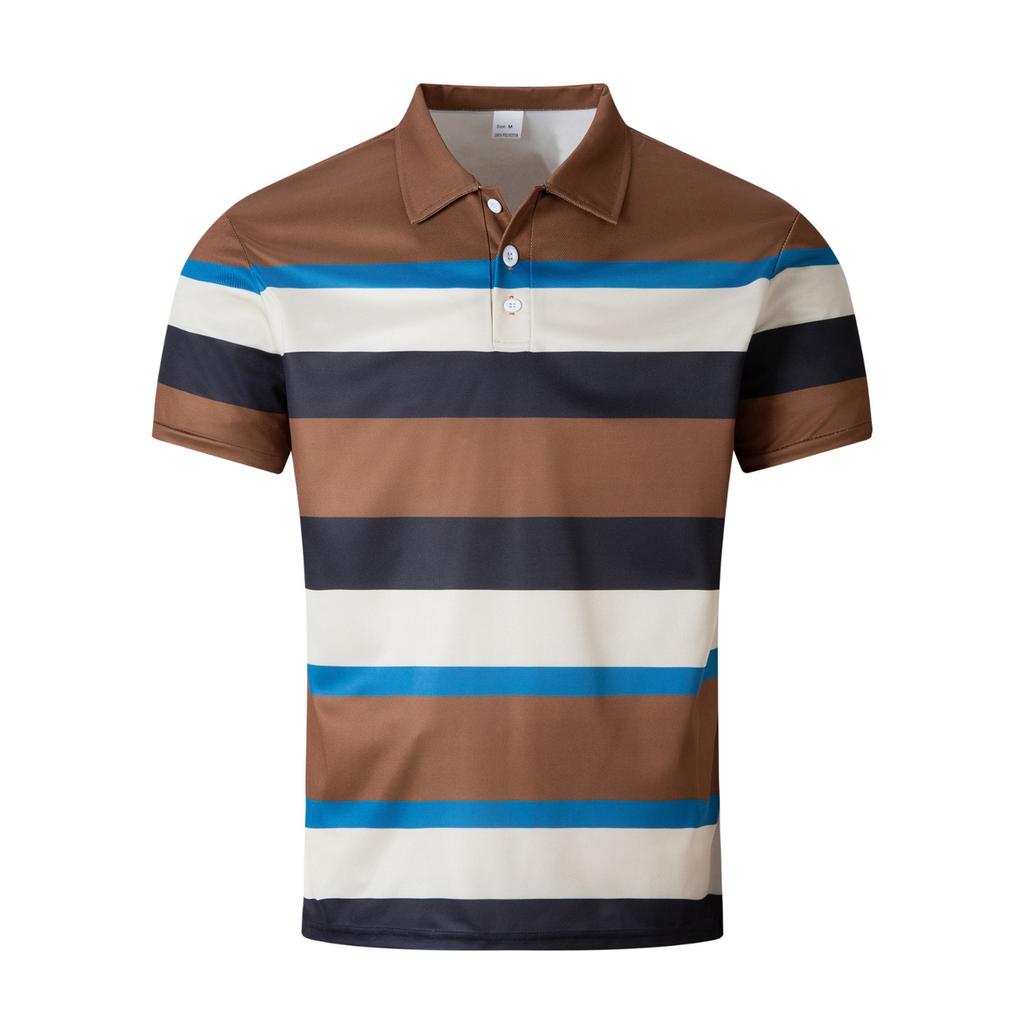 Fashion Men's Casual Polo Shirt V-neck Button Down Business Striped Versatile T-shirt Tops