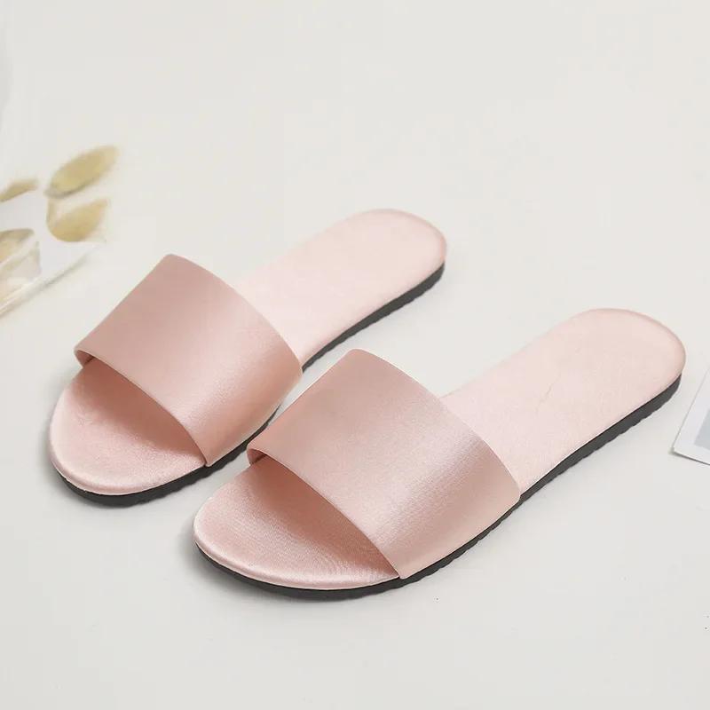 2025 New Home Slippers Flat Casual Satin Simulation Silk Slippers Indoor Non-slip Peep Toe Slides Wedding  Flip Flops