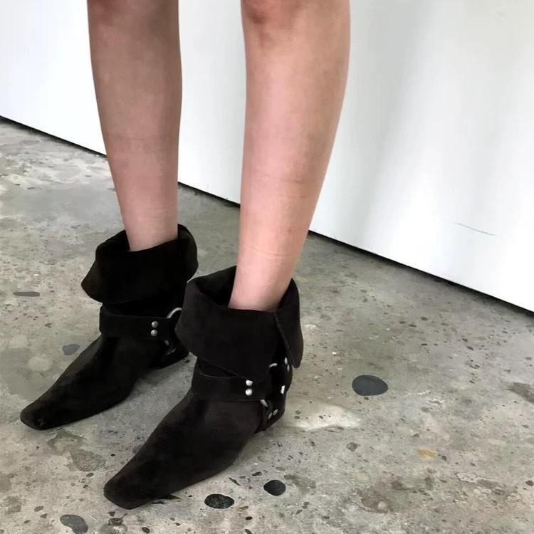 Retro Niche Square Toe Belt Buckle Folding Two-piece Mid Length Boots Women with Thick Heels Western Cowboy Boots