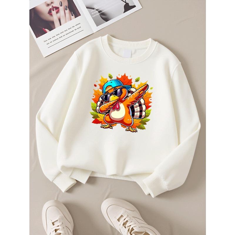 Cool Turkey Dabbing Autumn Leaves Girls' Crew Neck Fashion Sweatshirt, Autumn and Winter Western Style Top, Children's Long Sleeved T-shirt