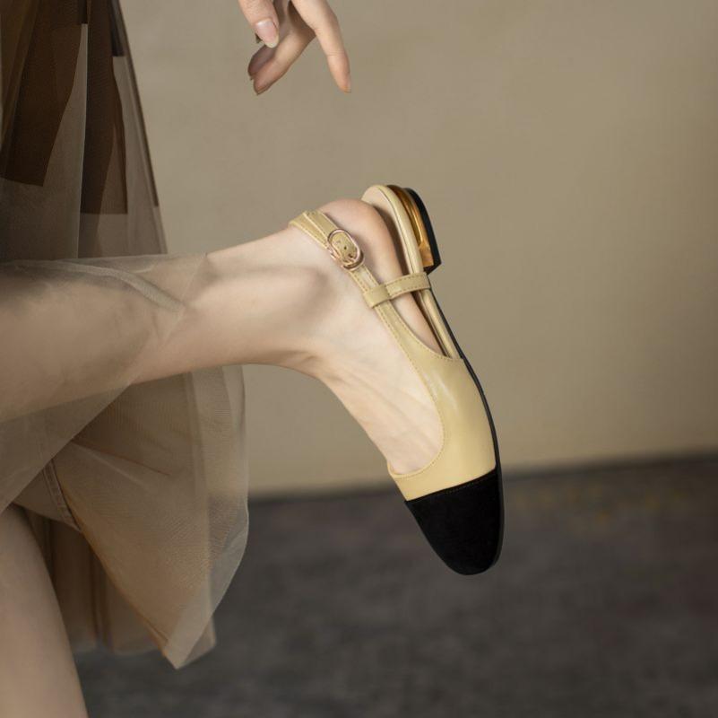 Low-heeled Retro Cover Head Sandals Women's 2025 Summer New Round Toe Flock Pacthwork Ankle Buckle Strap Office Shoes Sandales