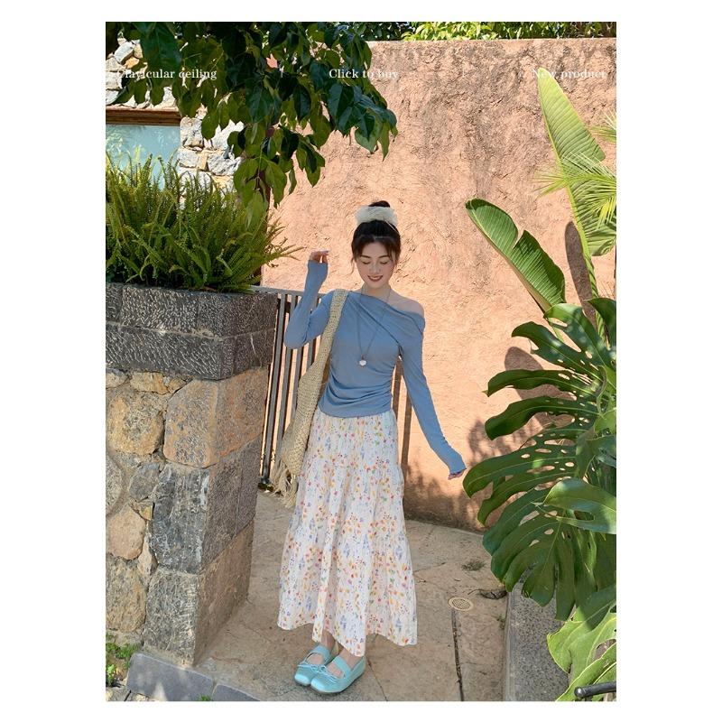 

New white slanted shoulder long-sleeved top for women s inner wear, early autumn new huge beautiful T-shirt, slim-fitting bottoming shirt One size fits all [recommended 80-60kg]