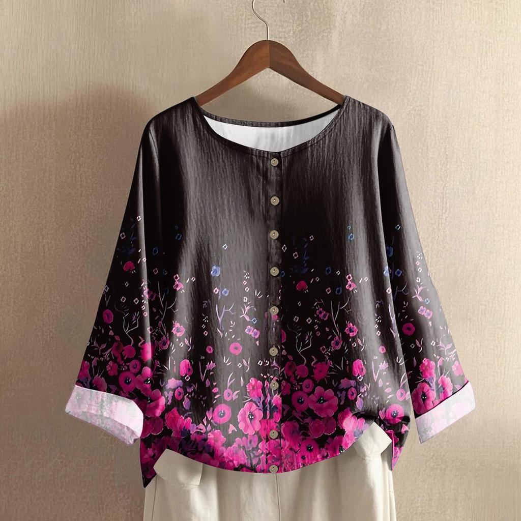 Women's Fashionable And Casual Shirt Long-sleeve Round Neck Print Cotton And Linen Blouse Top