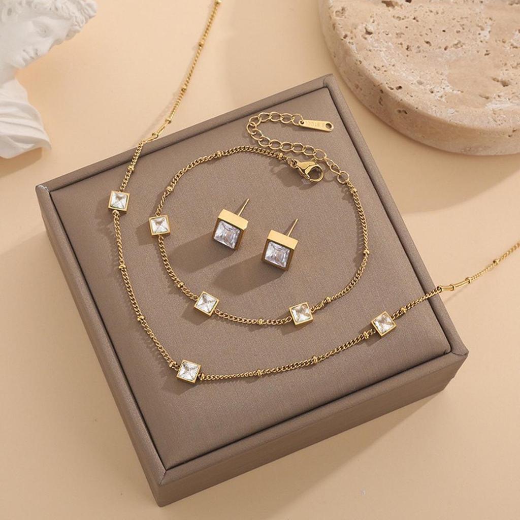 French Elegant White Zirconia Jewelry Set: Necklace, Bracelet & Earring Studs in Titanium Steel.