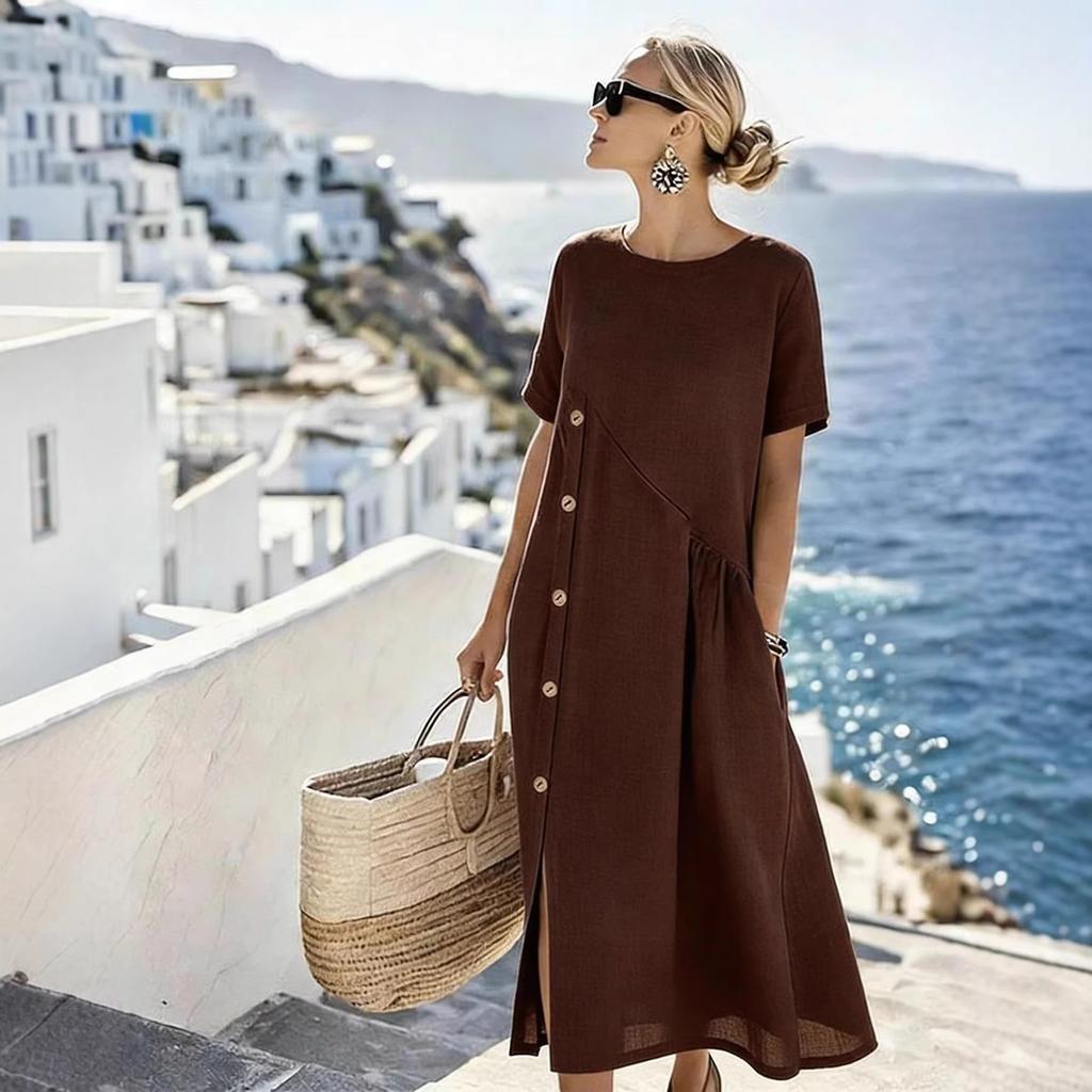 New Dress Casual Button Decoration Shrink Pocket Medium Length Dress