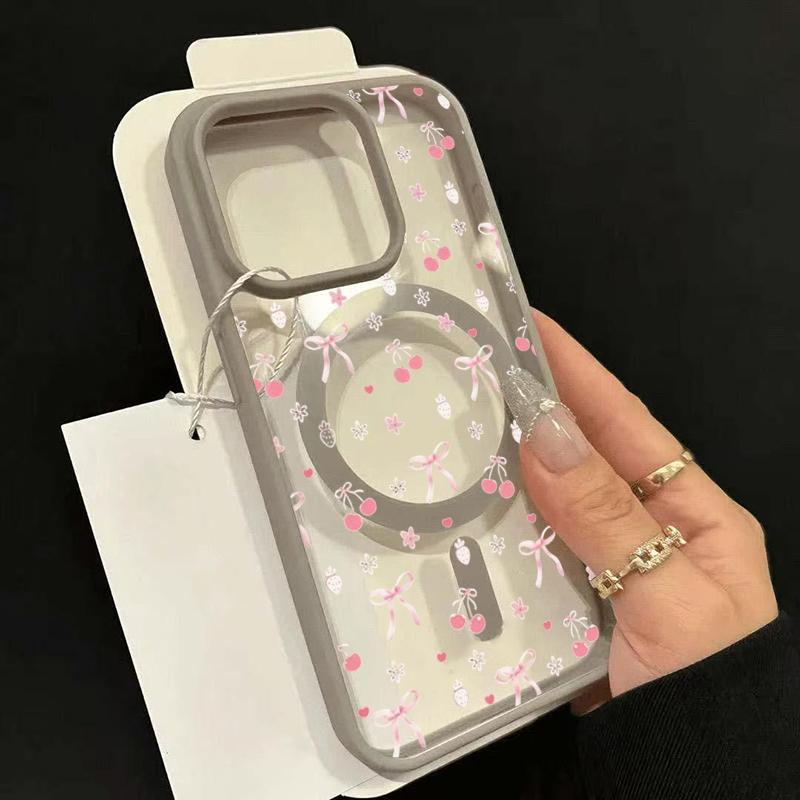 

For iPhone 17 Pro Max 16 15 14 13 12 11 Case Cartoon Pink Cherry Small Bow Magnetic Cover For iPhone Air 17E 16E 16 Plus Fundas iPhone 12 mini