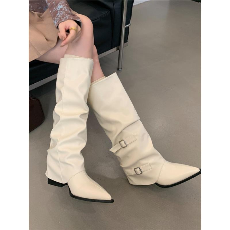 Pointed Buckle Pleated Pile Boots Women'S Thick Heel Punk Knight Boots Fried Street Babes High Heel Boots