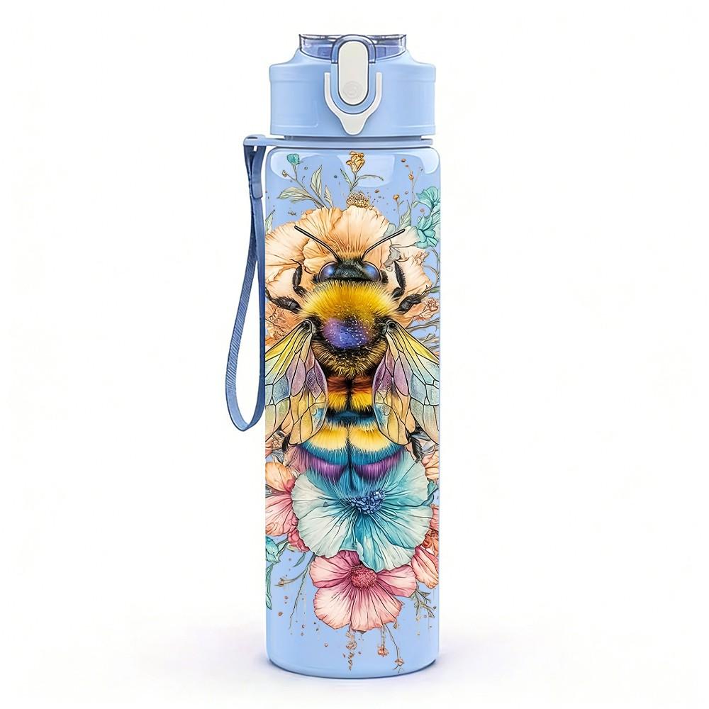 1PC Honey Bee Soft Floral Pastel Art Design 750ml Color Plastic Sports Water Bottle Leakproof Flip Straw Lid Suitable for Sports Office Home Use