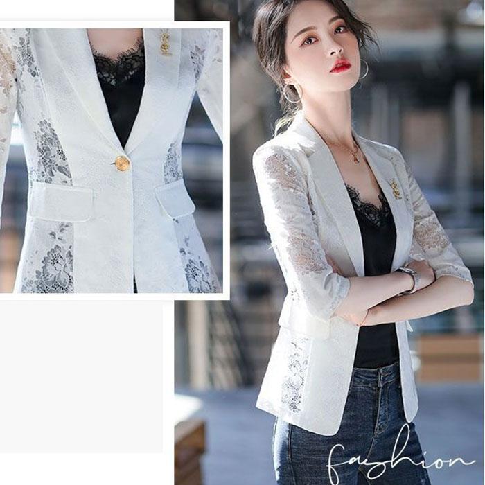 Terno de renda estampado emagrecimento versão coreana primavera e verão moda feminina estilo fino terno casaco protetor solar feminino