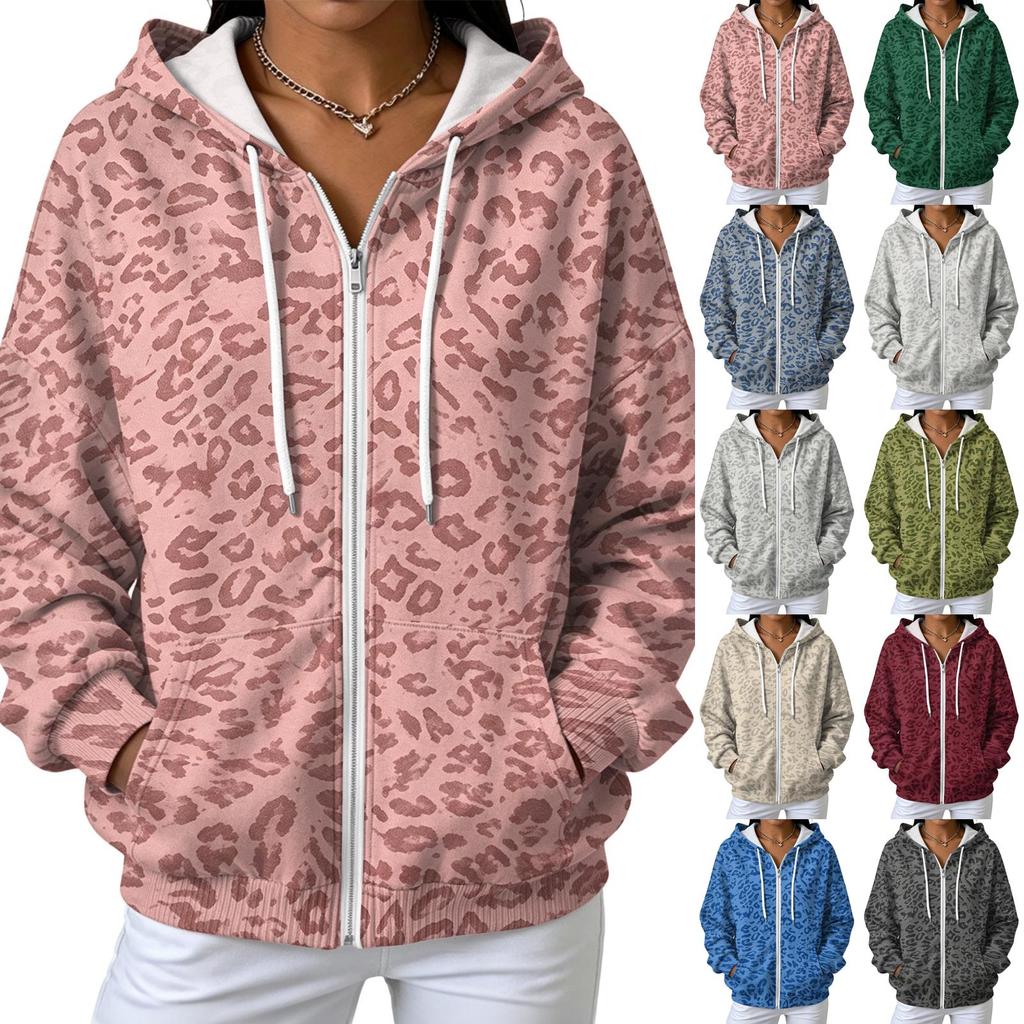 Women's Casual Loose Fit Printed -Lined Hooded Zip-Up Cardigan
