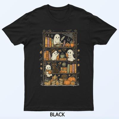 Retro Halloween Bookshelf Ghost And Cat Bookshelf Book Lover T-Shirt
