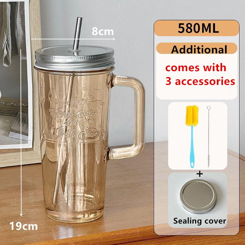 High-capacity 580ml Glass Coffee Mug with Safety Stainless Steel Straw and Lid Sealing Cover Home Drinks Glass Cup with Handle