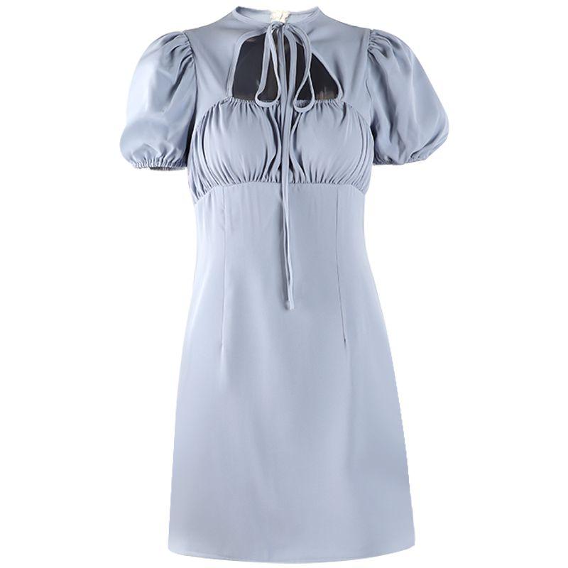 

Puff Sleeves Pleating Hollow out Strap Light Blue Dress Women s Summer French Style First Date Pure Desire Style Skirt High Waist Short Sleeve Blue S