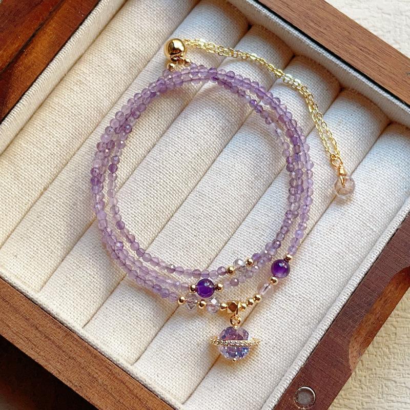 Natural faceted amethyst crystal planet pendant three-circle bracelet bracelet can be used as a necklace