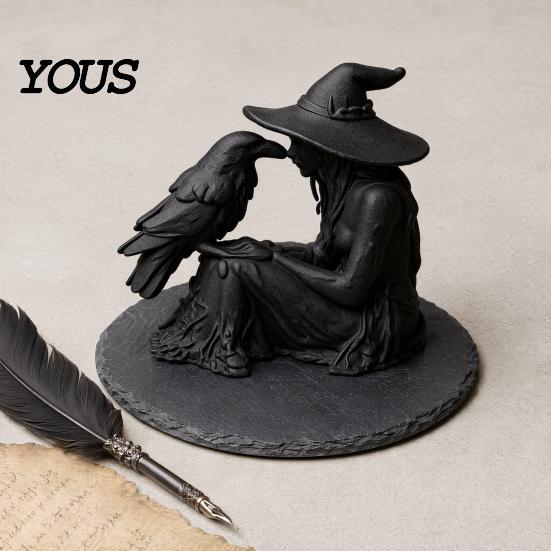 Stable Base Witch Ornament 3D Printed Ornament, with Matte Black Figurine, Frosted Paint Gothic Style Resin Sculpture for Halloween Party